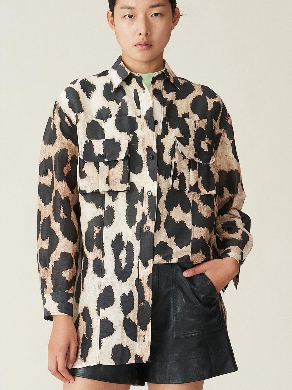 GANNI Leopard Linen Silk Oversized Button-Down Shirt Jacket - US 10 (40)